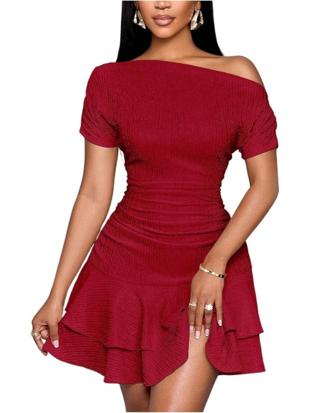 Women's Solid Red Shoulder Short Sleeve Ruffle Cute Fit Flare Summer Mini Dress